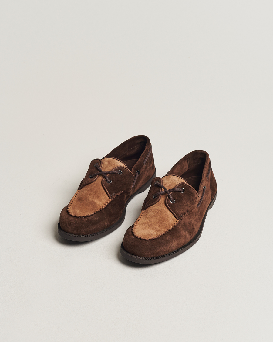 Hombres | John Lobb Foil Boat Shoe Dark Brown/Cognac Suede | John Lobb | Foil Boat Shoe Dark Brown/Cognac Suede