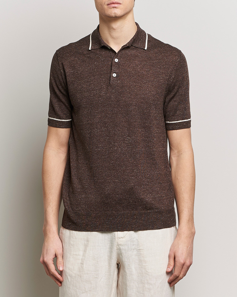 Hombres | Polos | Altea | Linen/Cashmere Contrast Polo Dark Brown