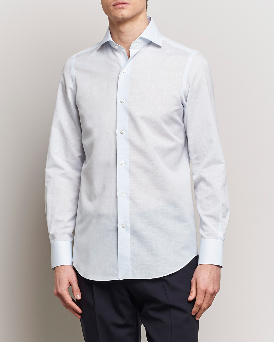 Hombres | Camisas | Finamore Napoli | Milano Slim Cotton/Linen Shirt Light Blue