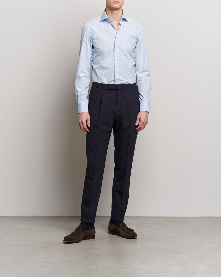 Hombres | Formal | Finamore Napoli | Milano Slim Checked Dress Shirt Light Blue