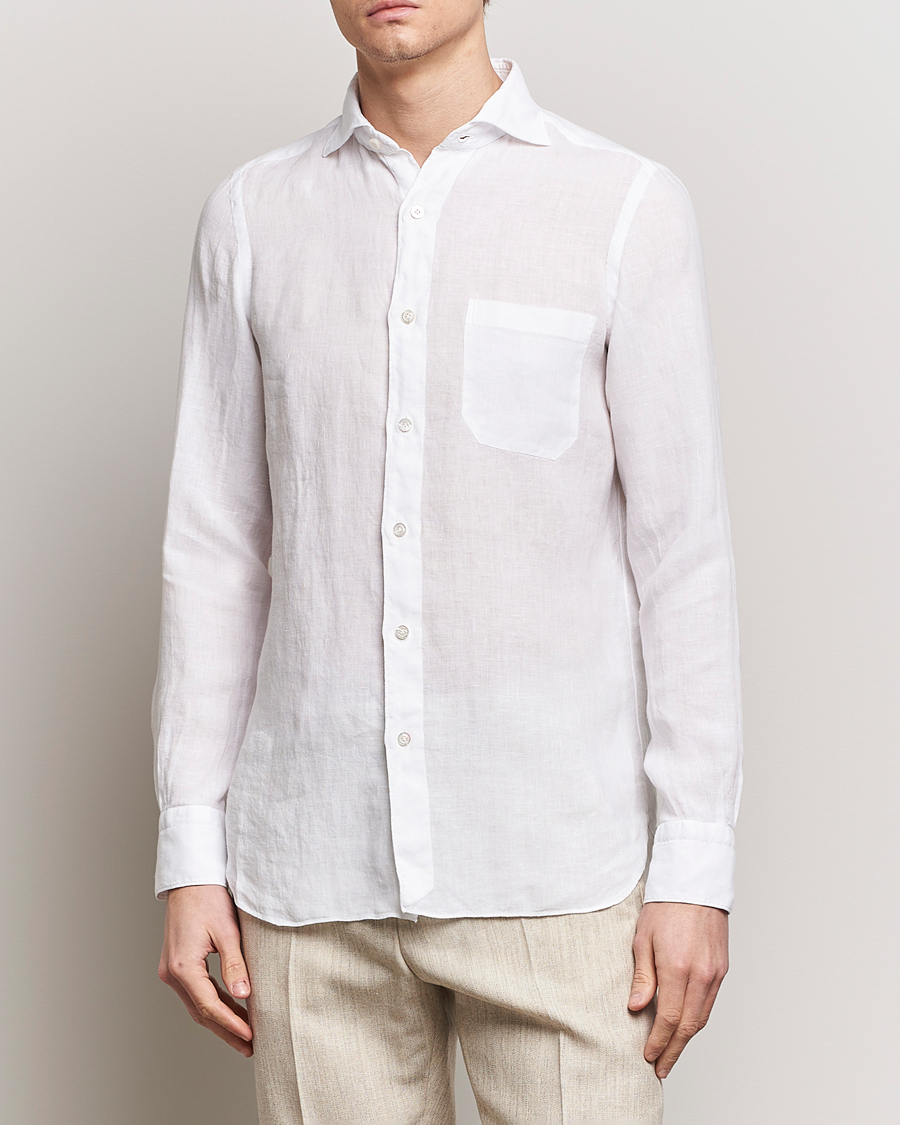 Hombres | Camisas de lino | Finamore Napoli | Gaeta Linen Pocket Shirt White