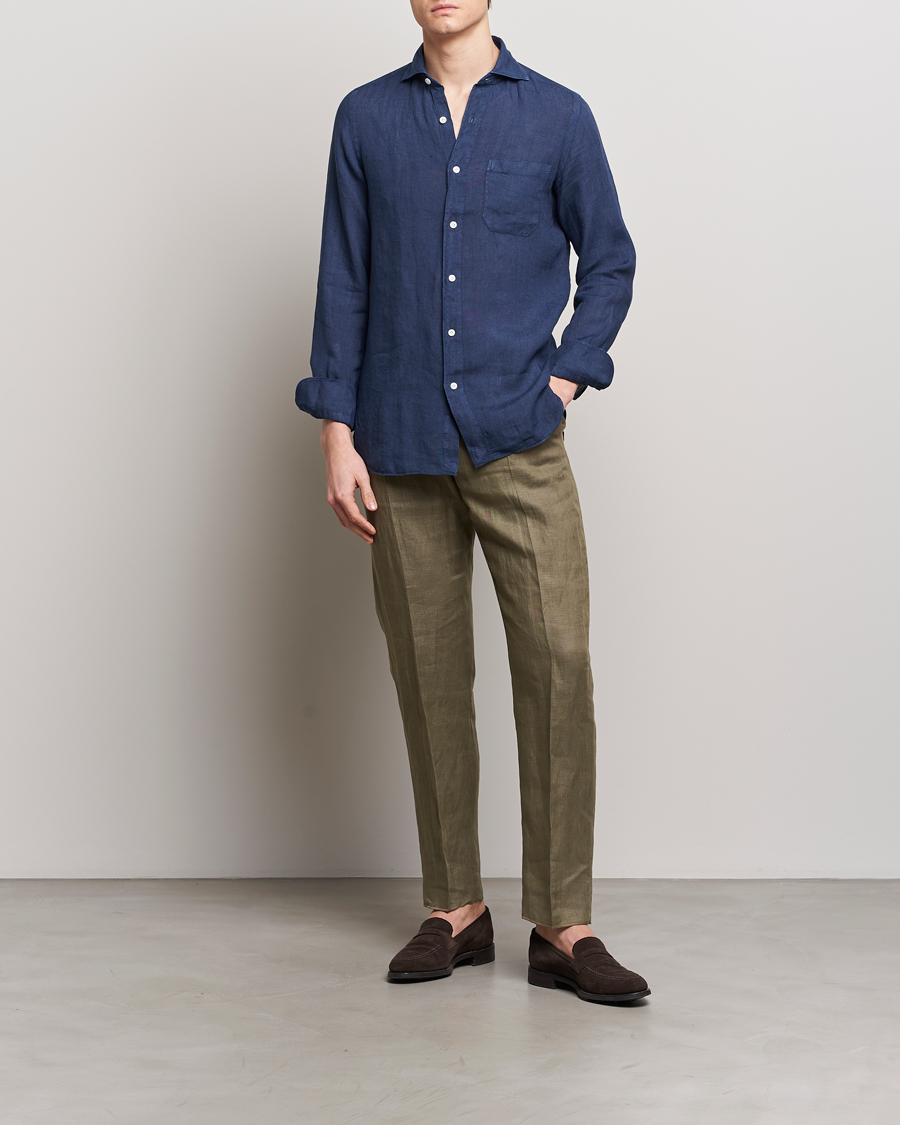 Hombres | Camisas | Finamore Napoli | Gaeta Linen Pocket Shirt Navy