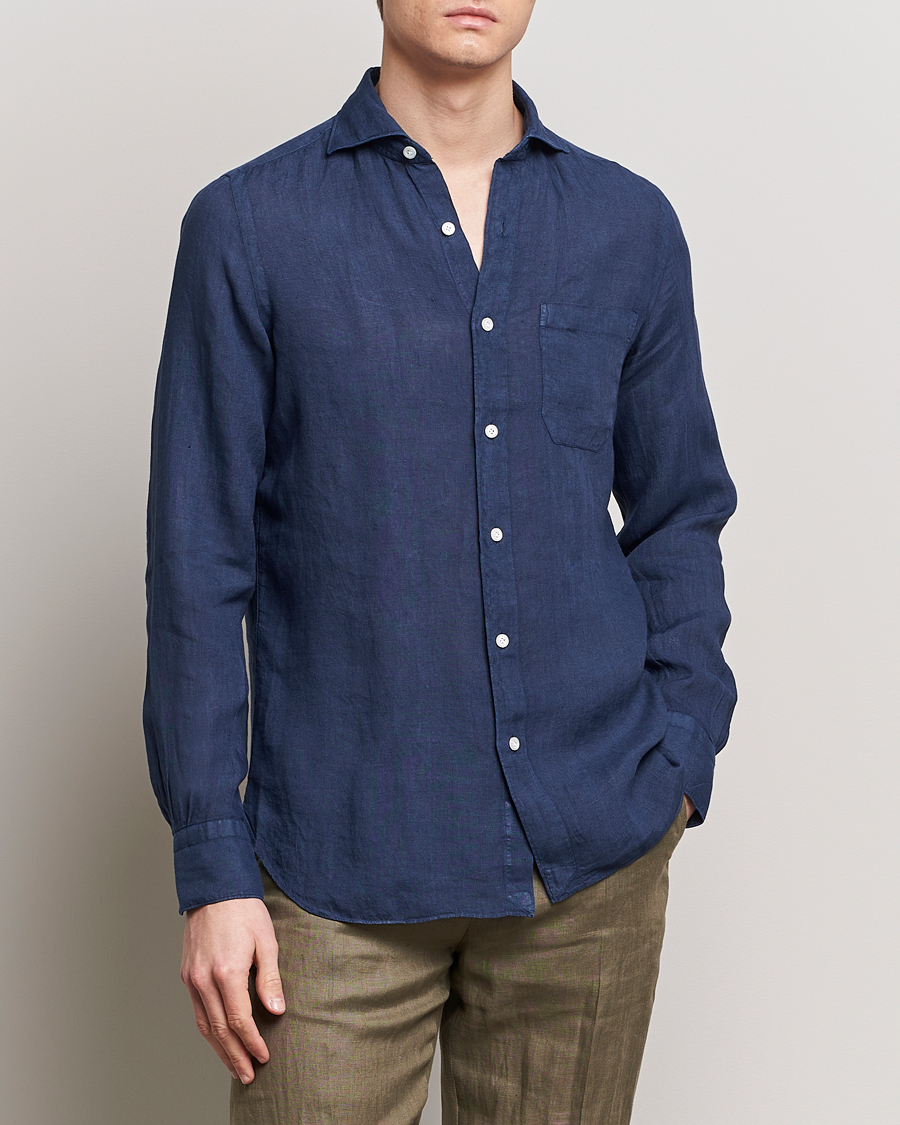 Hombres | Camisas de lino | Finamore Napoli | Gaeta Linen Pocket Shirt Navy