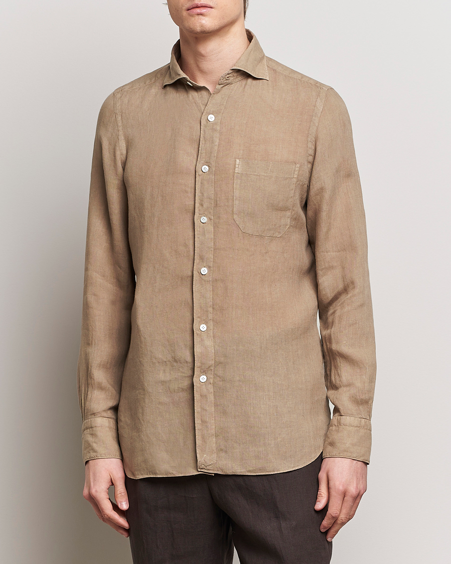 Hombres | Camisas de lino | Finamore Napoli | Gaeta Linen Pocket Shirt Taupe