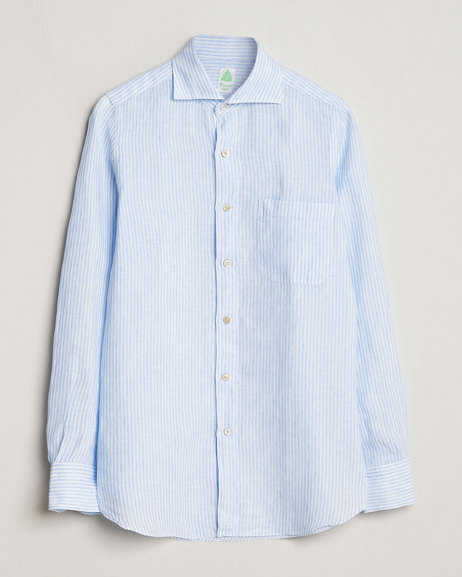 Hombres | Camisas | Finamore Napoli | Gaeta Striped Linen Pocket Shirt Light Blue