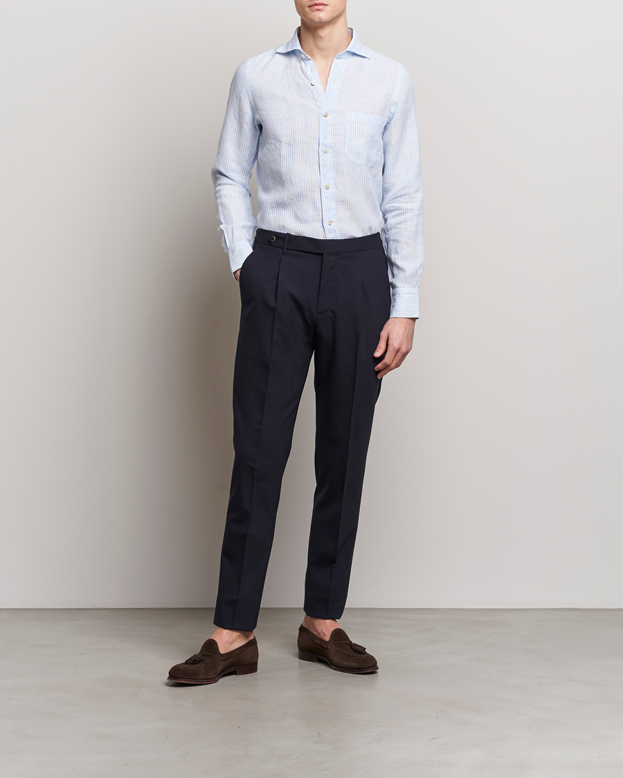 Hombres | Camisas | Finamore Napoli | Gaeta Striped Linen Pocket Shirt Light Blue