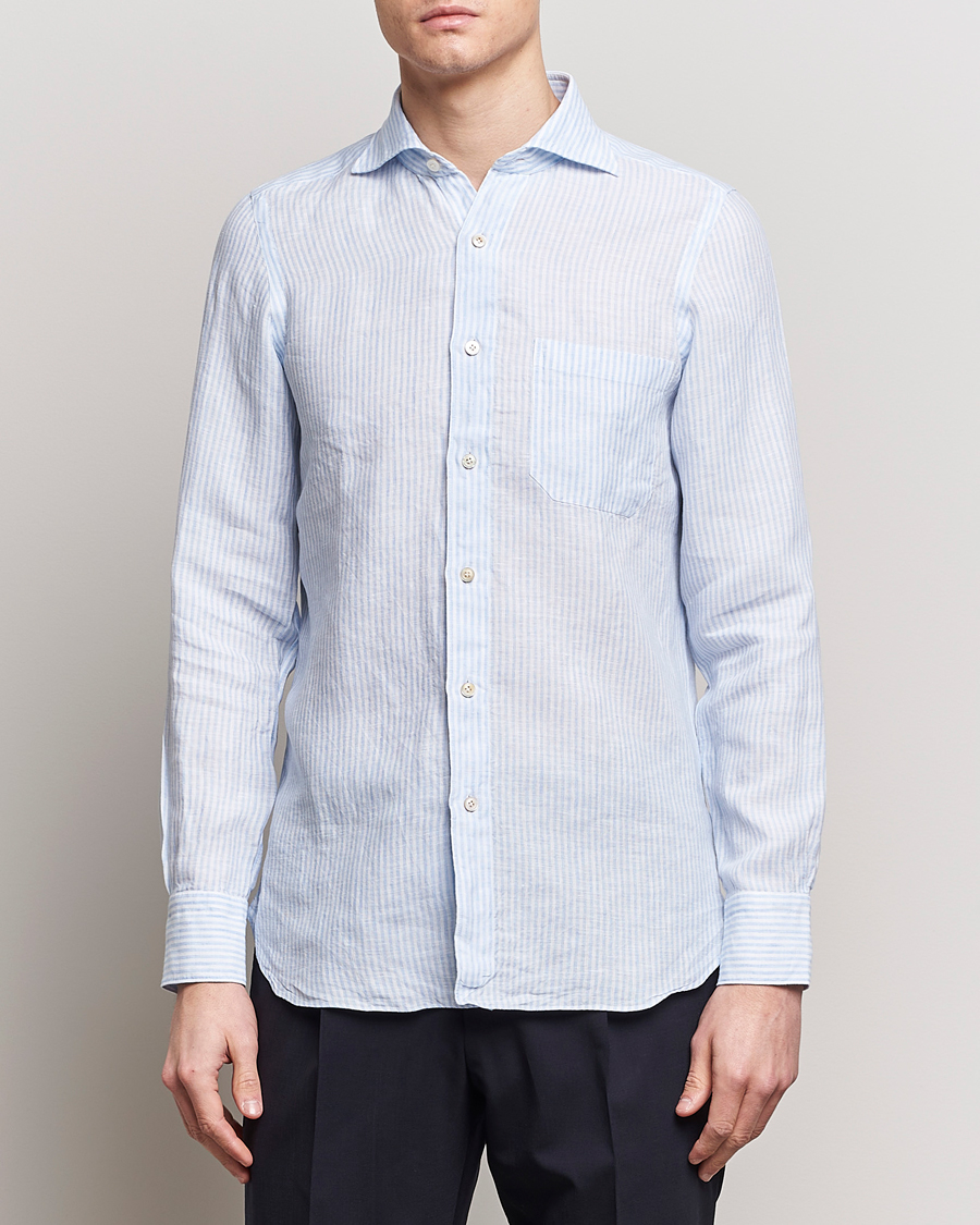 Hombres | Camisas de lino | Finamore Napoli | Gaeta Striped Linen Pocket Shirt Light Blue