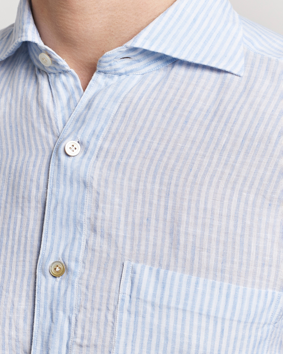 Hombres | Camisas | Finamore Napoli | Gaeta Striped Linen Pocket Shirt Light Blue