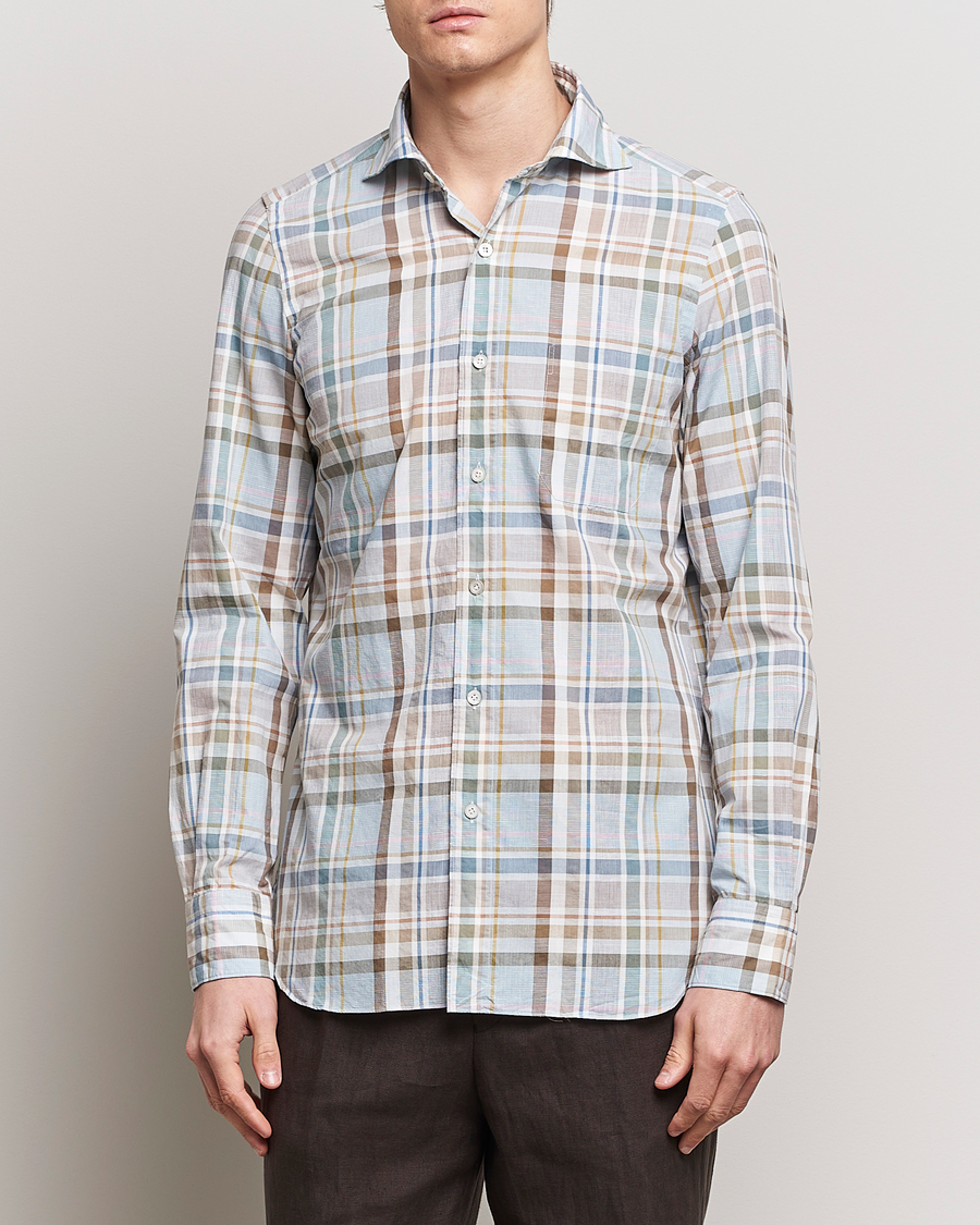 Hombres | Camisas | Finamore Napoli | Gaeta Cotton/Linen Pocket Shirt Beige Check
