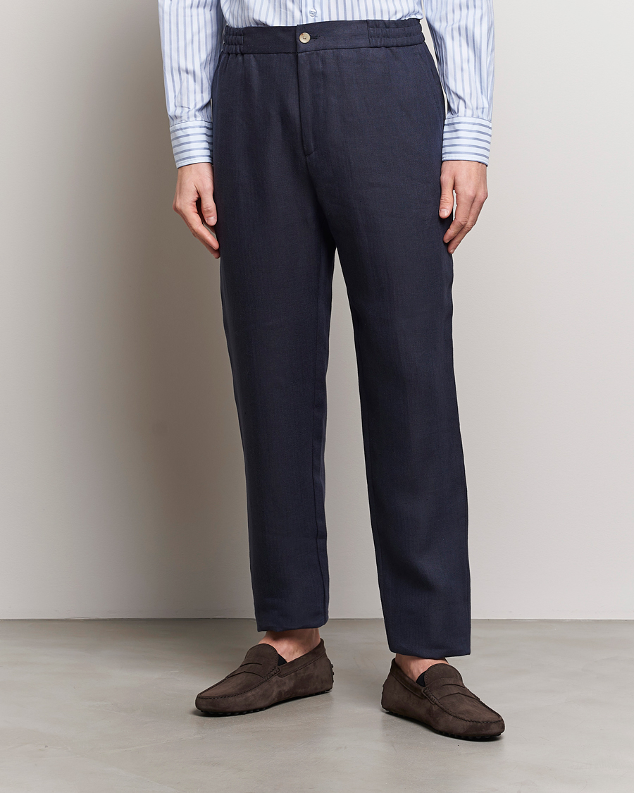 Hombres | Pantalones con cordón | Etro | Linen Drawstring Trousers Navy