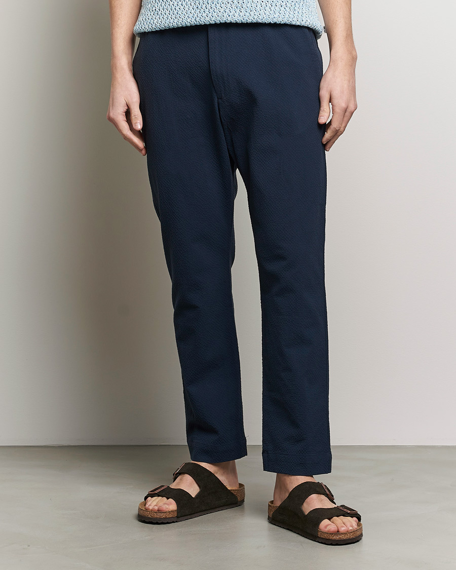 Hombres | Pantalones con cordón | NN07 | Billie Seersucker Drawstring Trousers Navy Blue