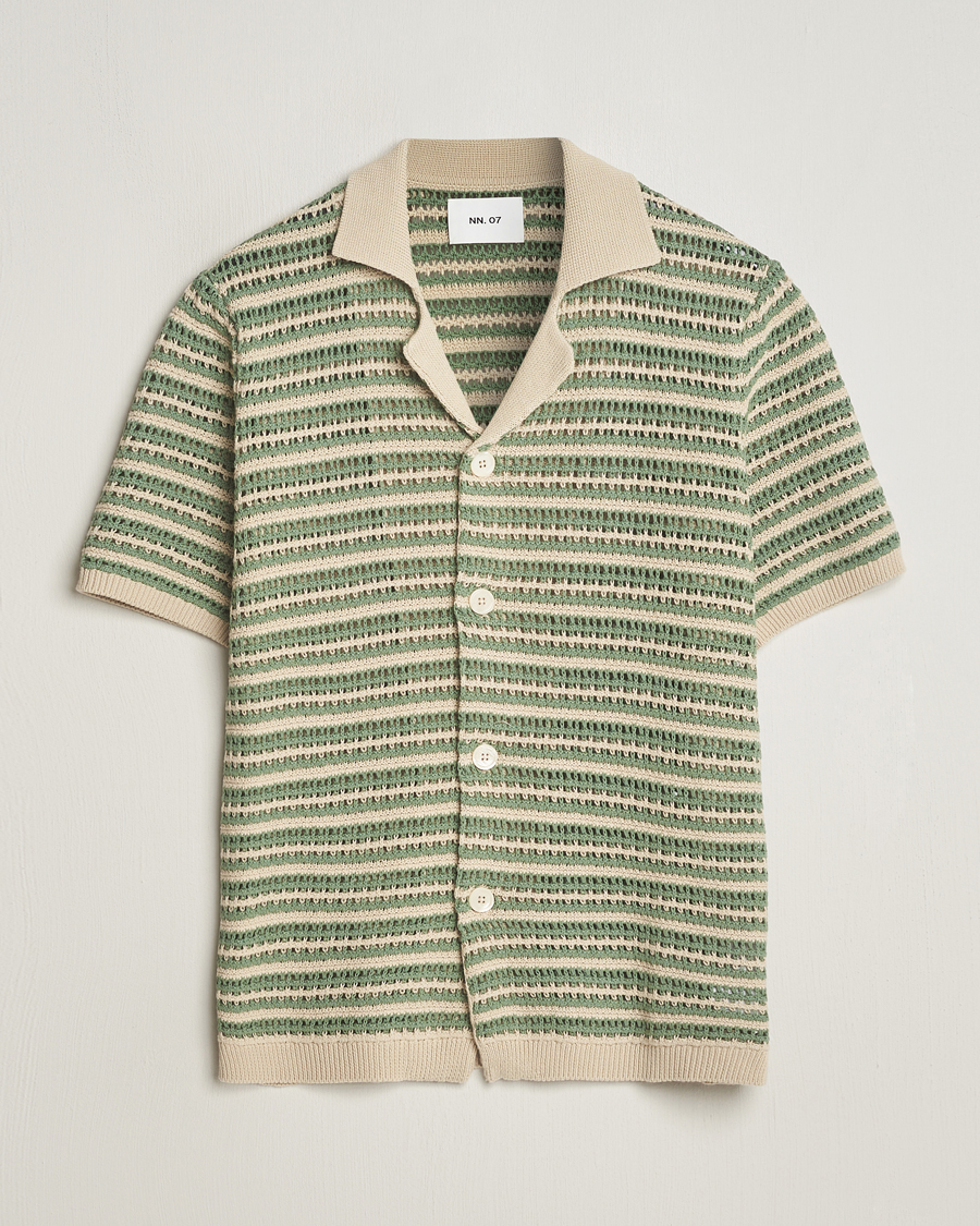 Hombres | Camisas | NN07 | Henry Knitted Striped Short Shleeve Shirt Ecru/Green