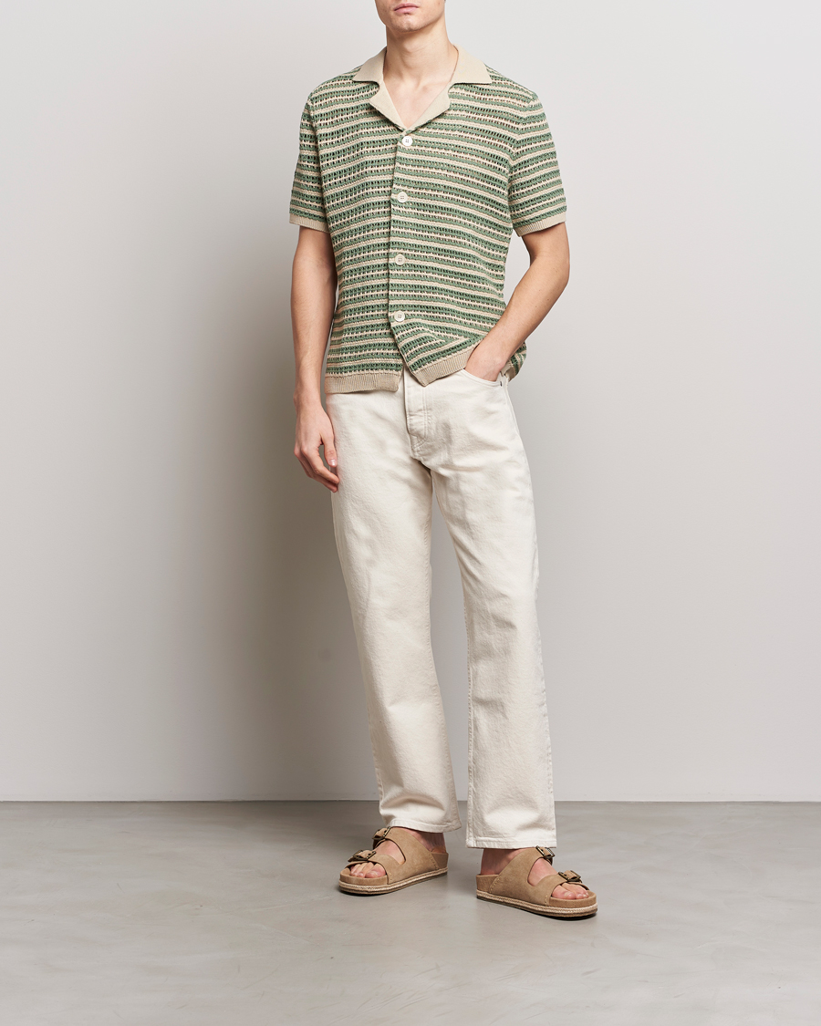 Hombres | Camisas | NN07 | Henry Knitted Striped Short Shleeve Shirt Ecru/Green