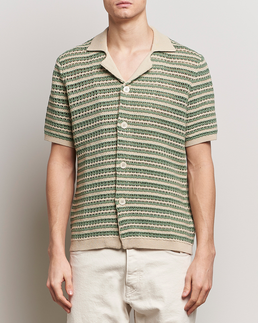 Hombres | Camisas de manga corta | NN07 | Henry Knitted Striped Short Shleeve Shirt Ecru/Green