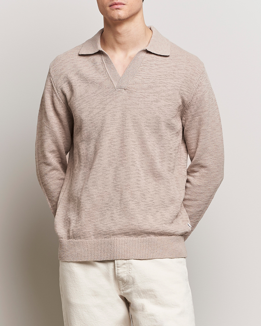 Hombres | Polos de punto | NN07 | Ryan Long Sleeve Open Collar Knitted Polo Khaki Stone