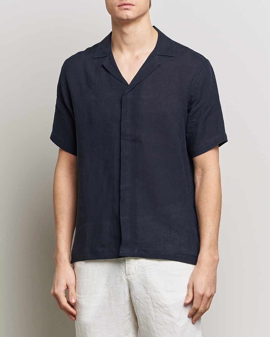 Hombres | Camisas de lino | Orlebar Brown | Maitan Short Sleeve Linen Shirt Night Iris