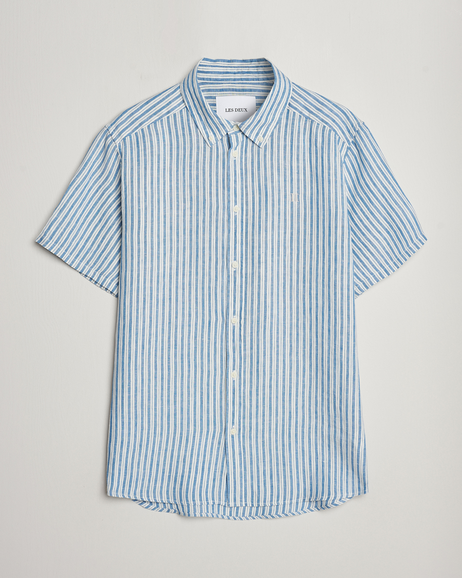 Hombres | Camisas | LES DEUX | Kris Linen Striped Short Sleeve Shirt Blue/Ivory