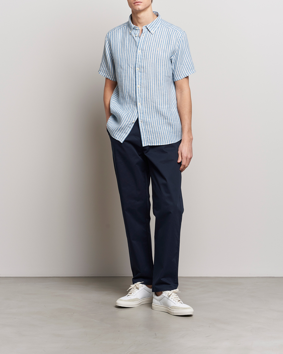 Hombres | Camisas | LES DEUX | Kris Linen Striped Short Sleeve Shirt Blue/Ivory