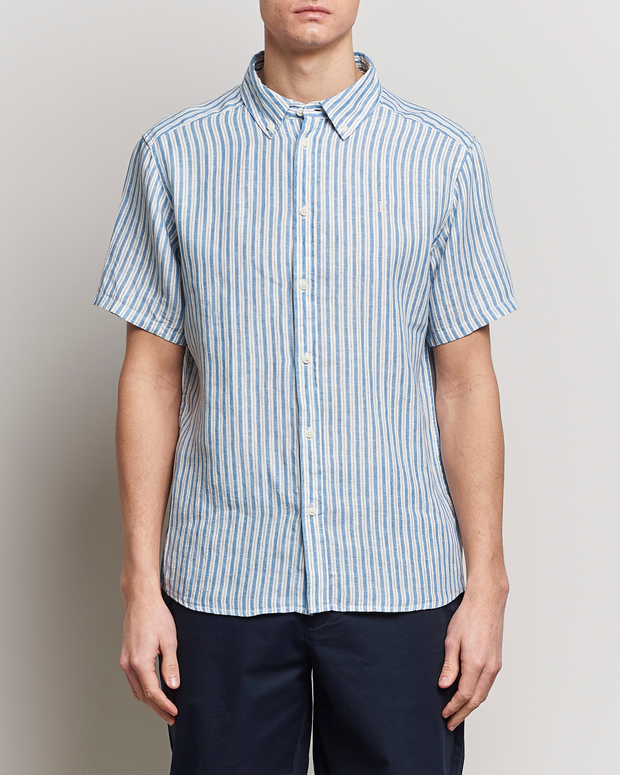Hombres | Ropa | LES DEUX | Kris Linen Striped Short Sleeve Shirt Blue/Ivory