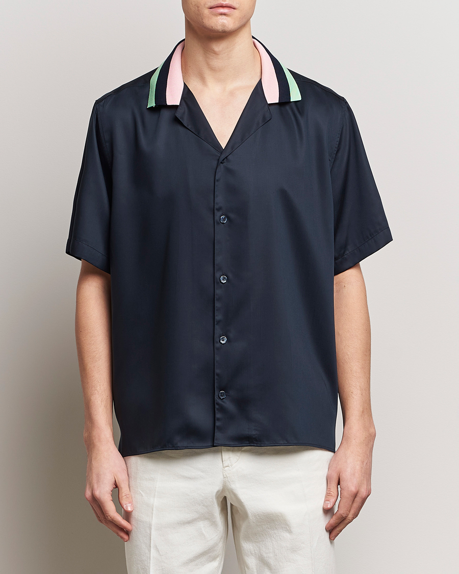 Hombres | Camisas de manga corta | J.Lindeberg | Skala Knit Collar Tencel Shirt Navy