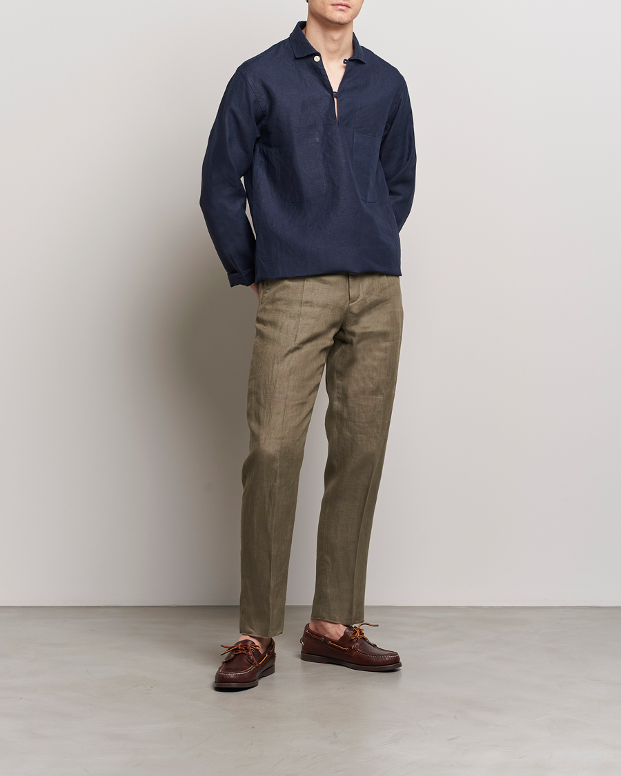 Hombres | Camisas | Drake's | Marine Linen Smock Navy