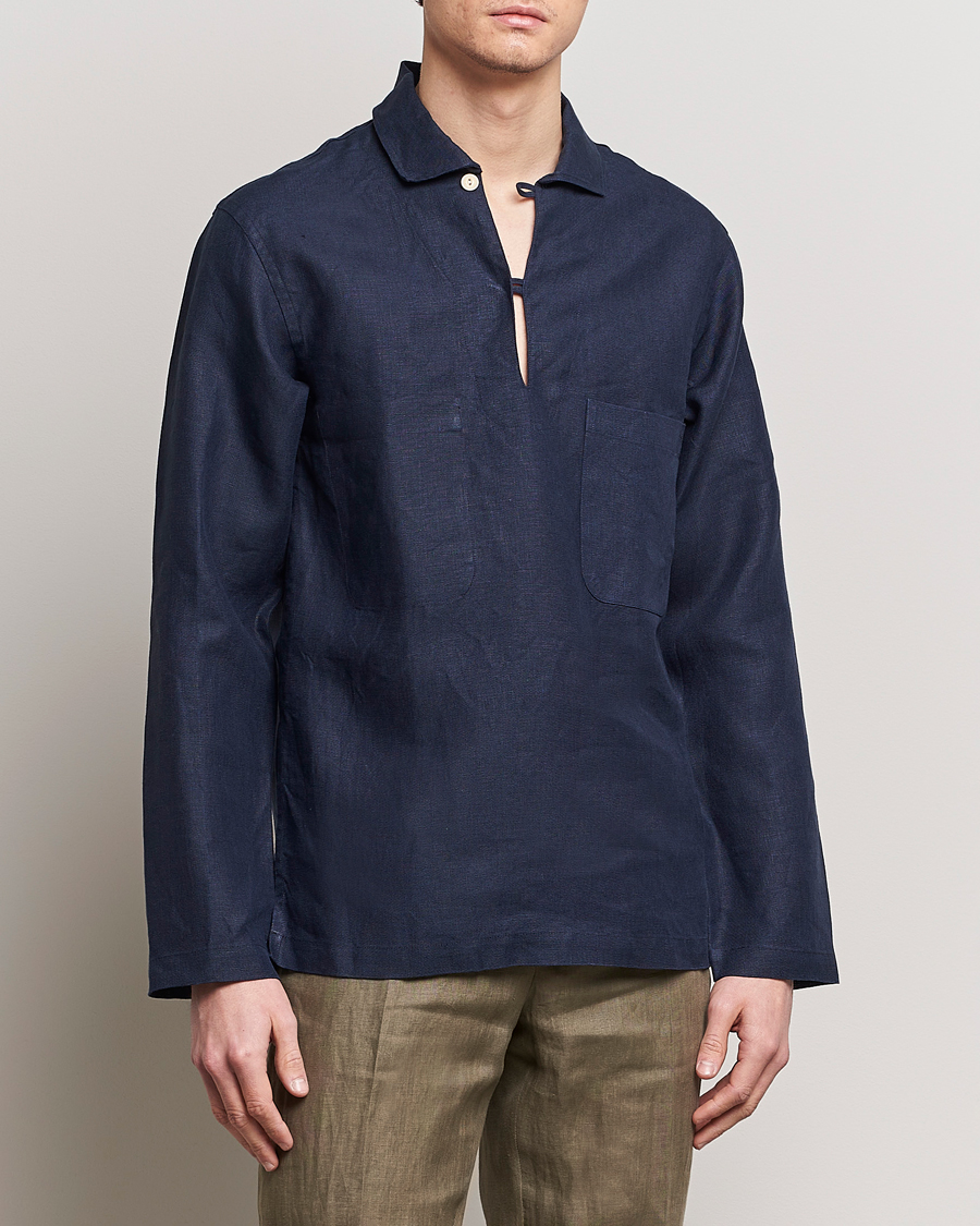 Hombres | Camisas | Drake's | Marine Linen Smock Navy