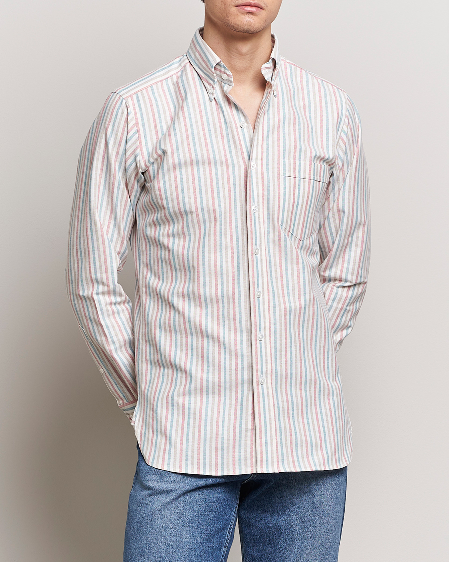 Hombres | Camisas | Drake's | Thin Tripple Stripe Oxford Shirt White