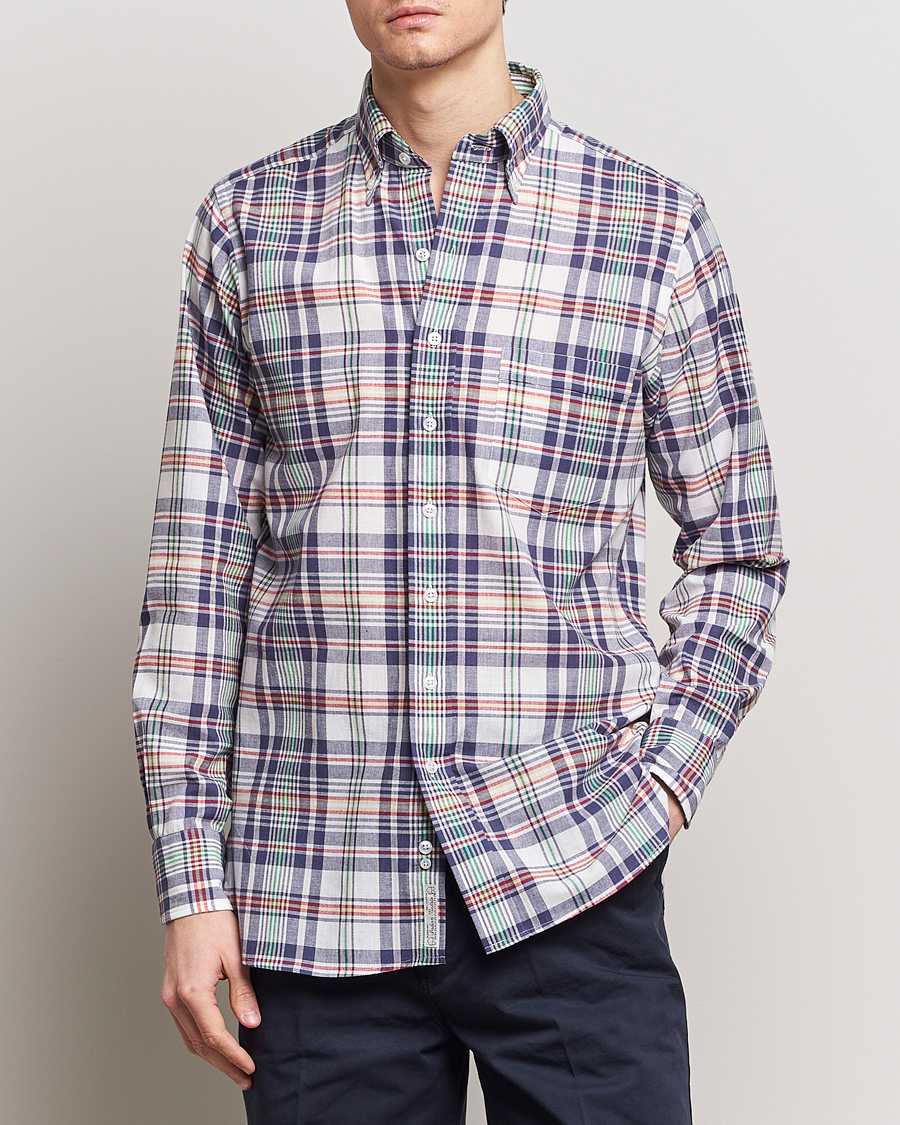Hombres | Preppy Authentic | Drake's | Madras Checked Linen Button Down Shirt Navy
