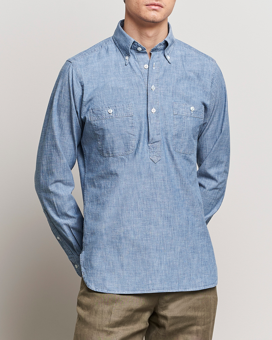 Hombres | Camisas vaqueras | Drake's | Chambray Popover Work Shirt Blue