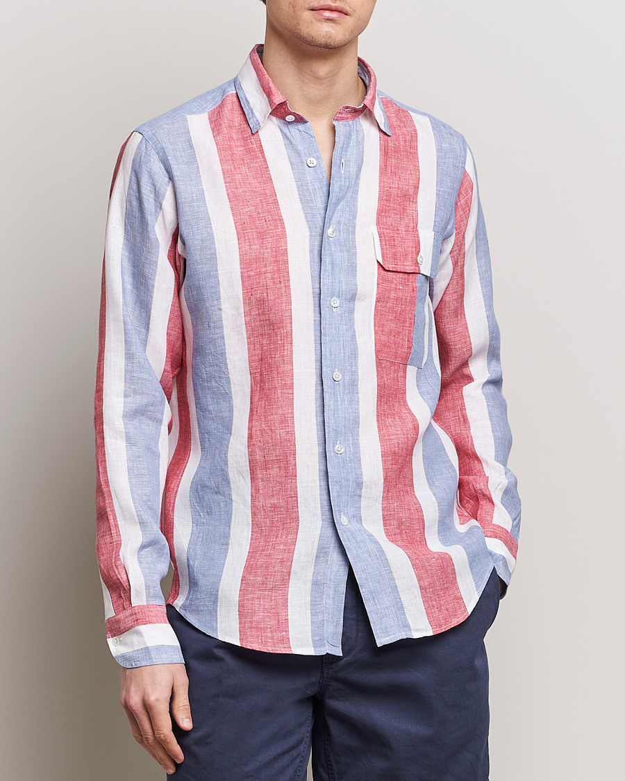 Hombres |  | Drake's | Thick Stripe Linen Shirt Red/Blue