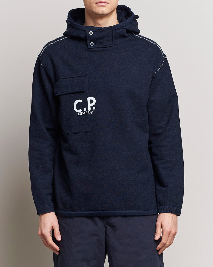 Hombres | Jerséis y prendas de punto | C.P. Company | Washed Indigo Fleece Hooded Sweatshirt Navy