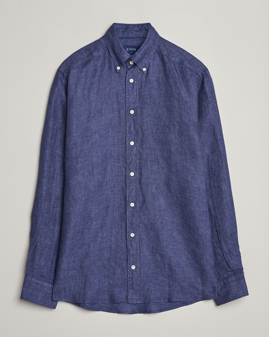 Hombres | Camisas | Eton | Slim Fit Linen Button Down Shirt Navy Blue