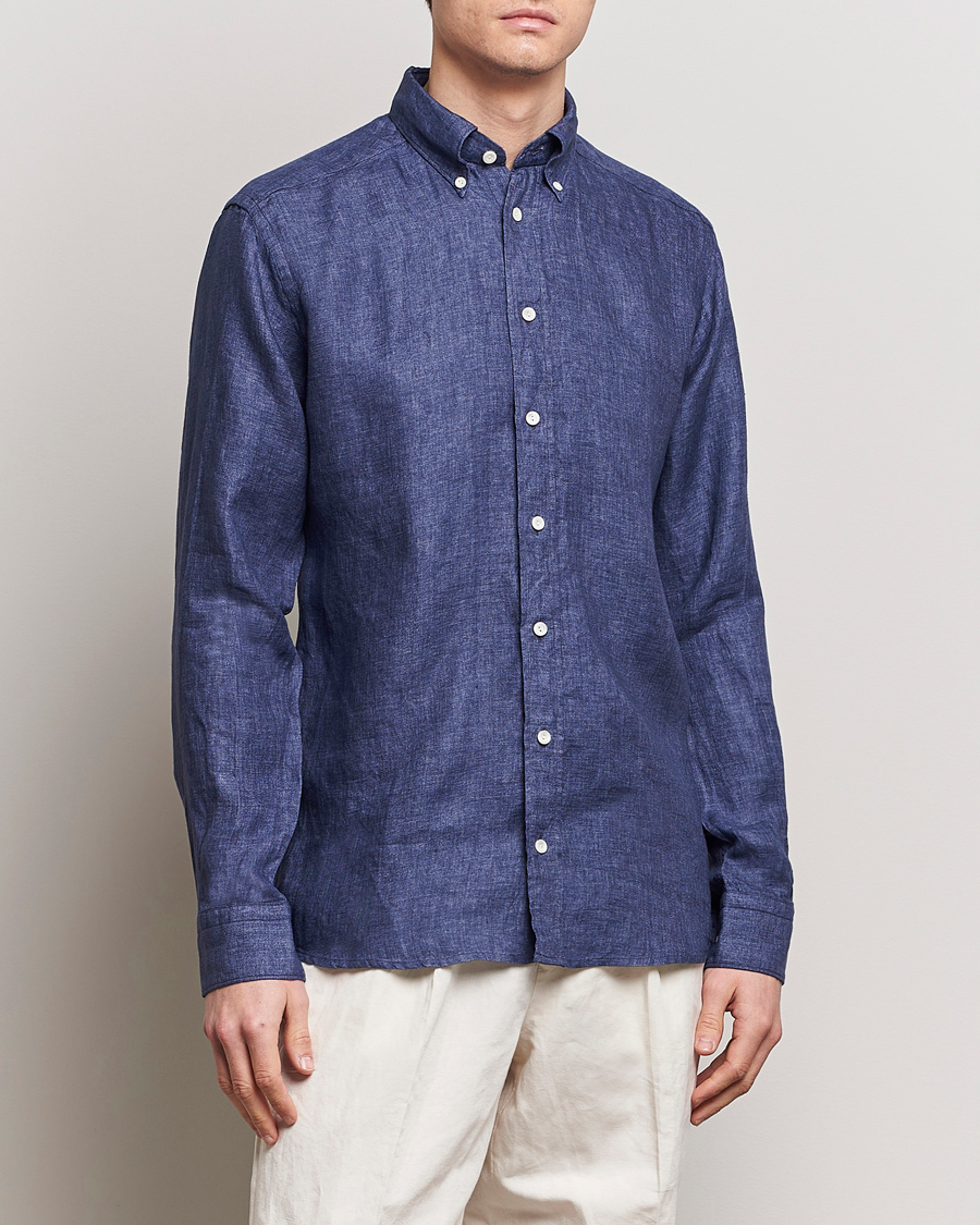 Hombres | Casual | Eton | Slim Fit Linen Button Down Shirt Navy Blue