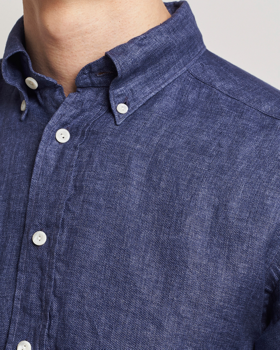 Hombres | Camisas | Eton | Slim Fit Linen Button Down Shirt Navy Blue