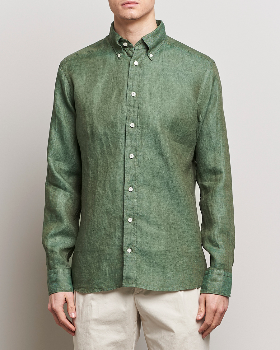 Hombres | Eton | Eton | Slim Fit Linen Button Down Shirt Dark Green