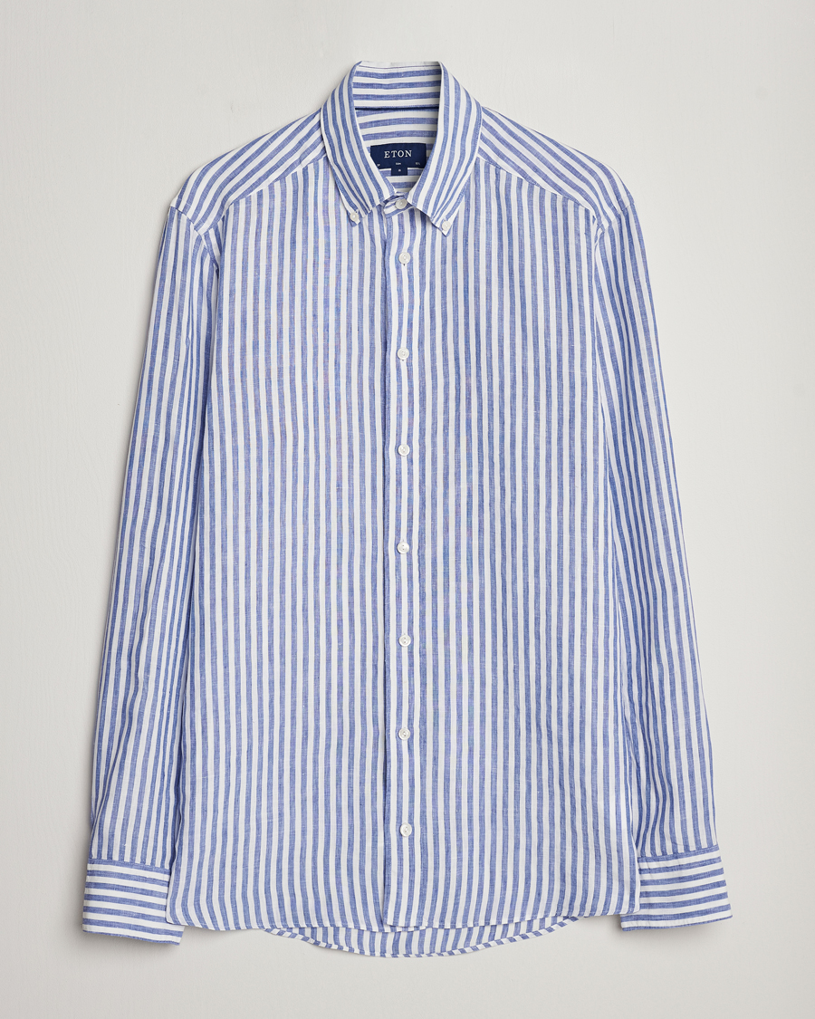 Hombres | Camisas | Eton | Slim Fit Striped Linen Shirt Blue/White