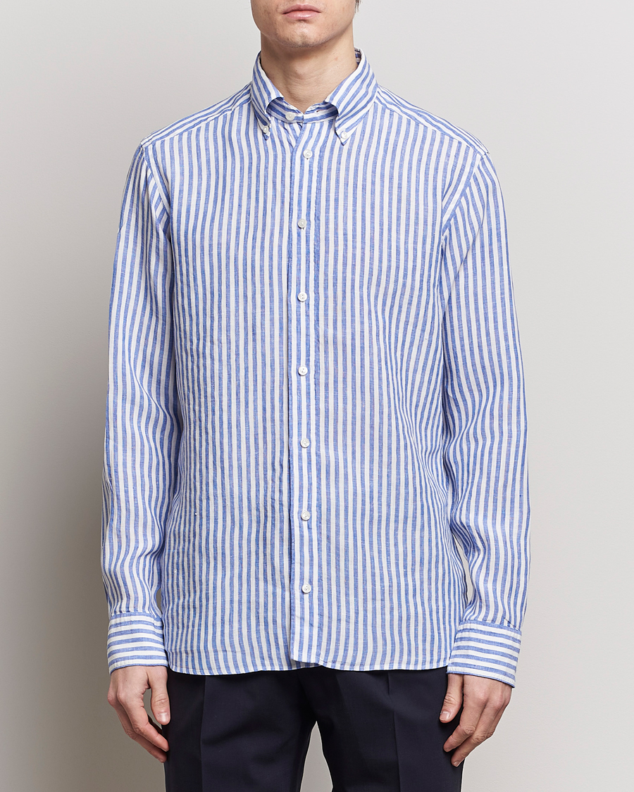 Hombres | Casual | Eton | Slim Fit Striped Linen Shirt Blue/White