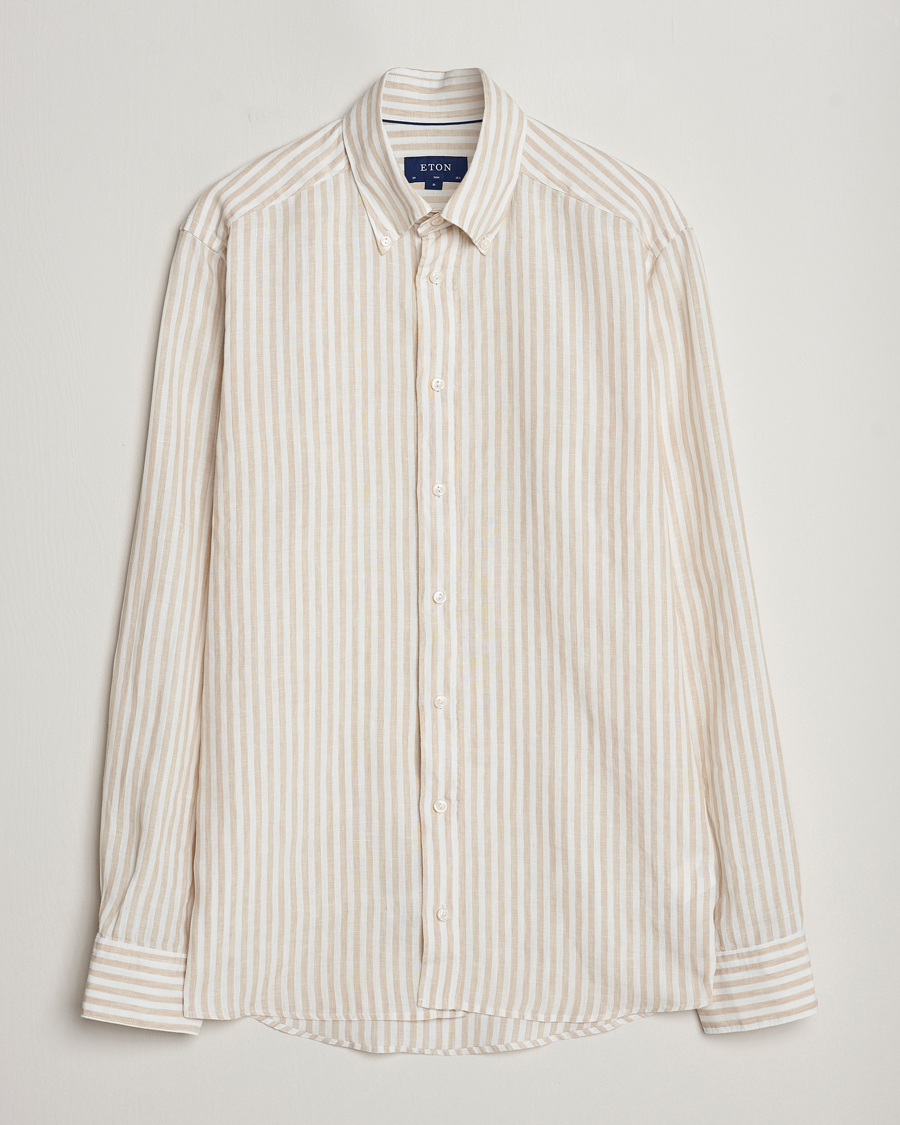 Hombres | Camisas | Eton | Slim Fit Striped Linen Shirt Beige/White