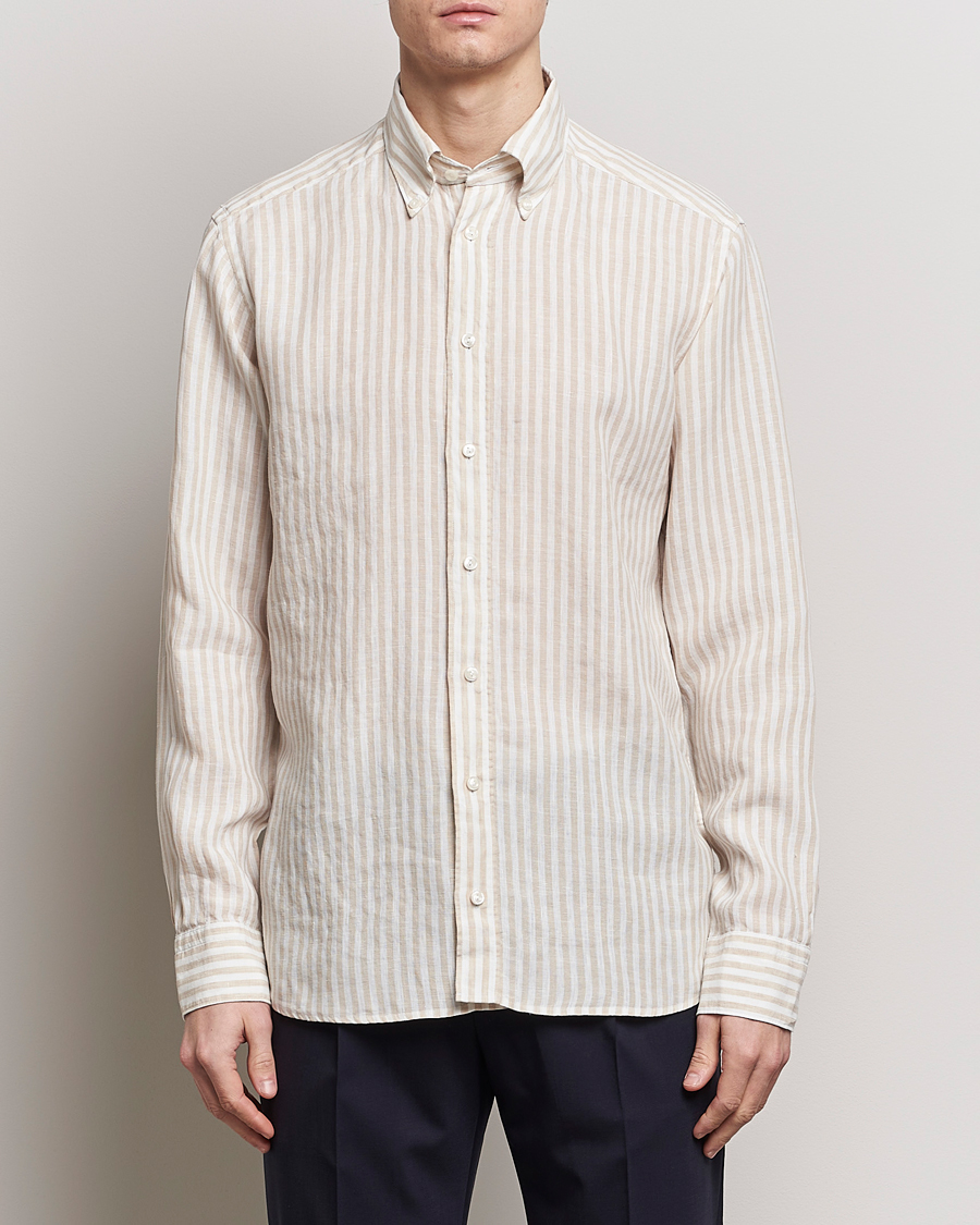 Hombres | Camisas | Eton | Slim Fit Striped Linen Shirt Beige/White