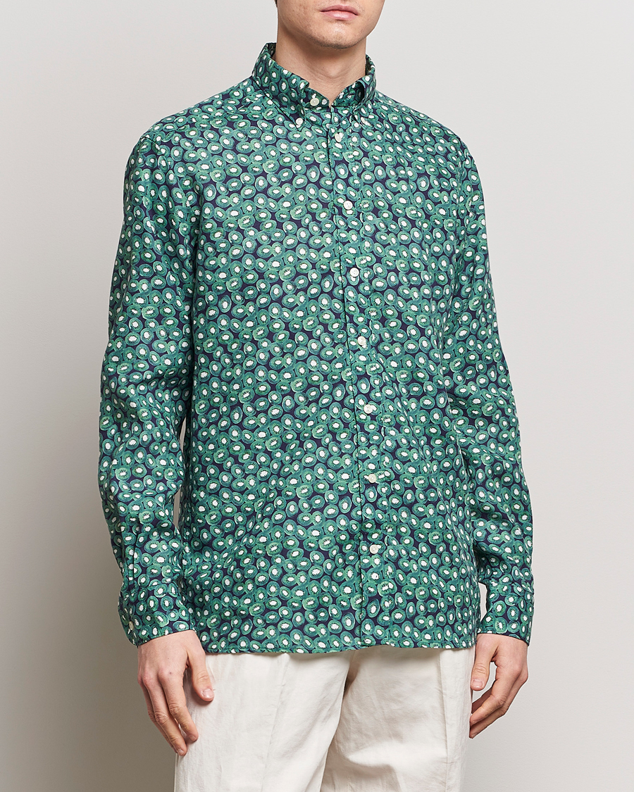 Hombres | Eton | Eton | Contemporary Fit Printed Linen Shirt Green Kiwi