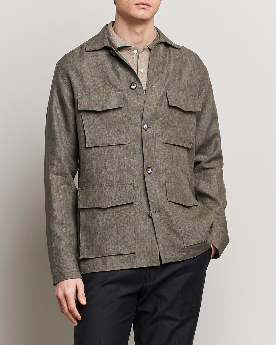 Hombres | Chaquetas formales | Eton | Heavy Linen Drawstring Field Jacket Dark Green