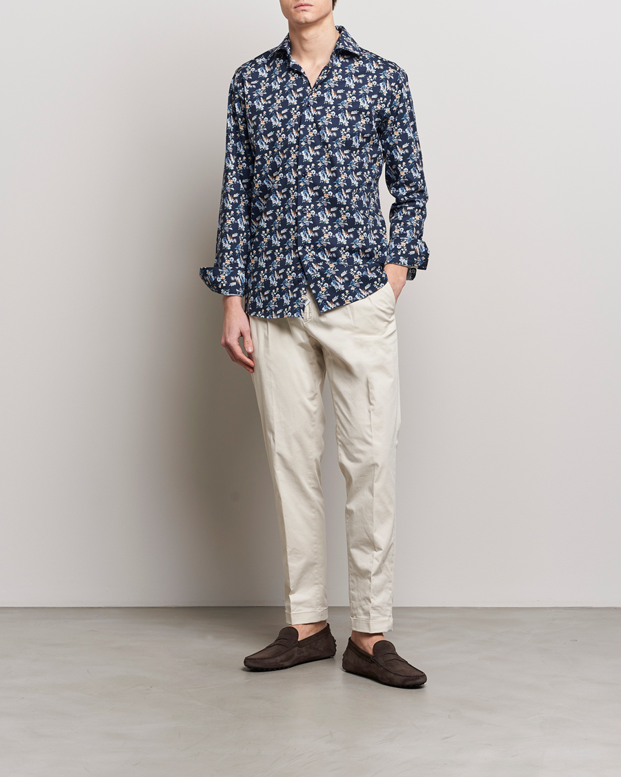 Hombres | Formal | Eton | Slim Fit Twill Printed Flower Shirt Navy Blue