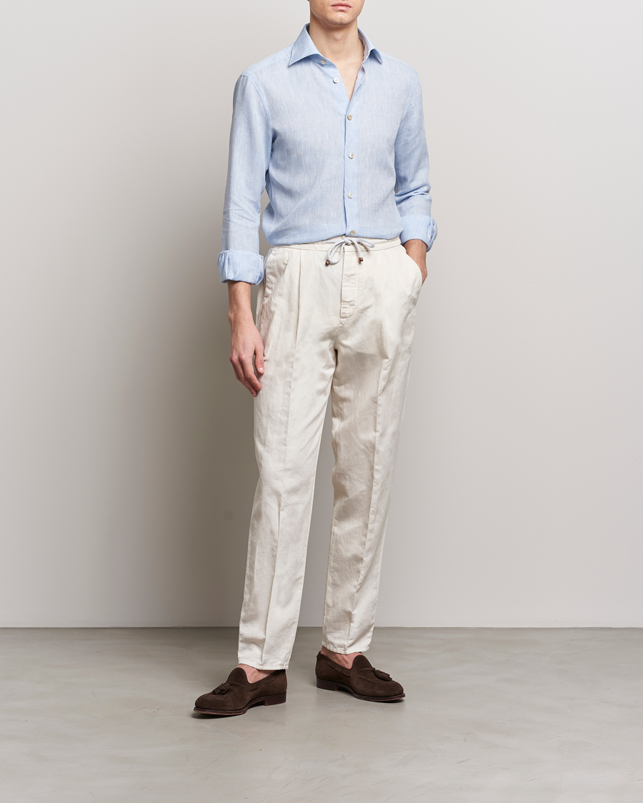 Hombres | Camisas | Kiton | Linen Sport Shirt Light Blue