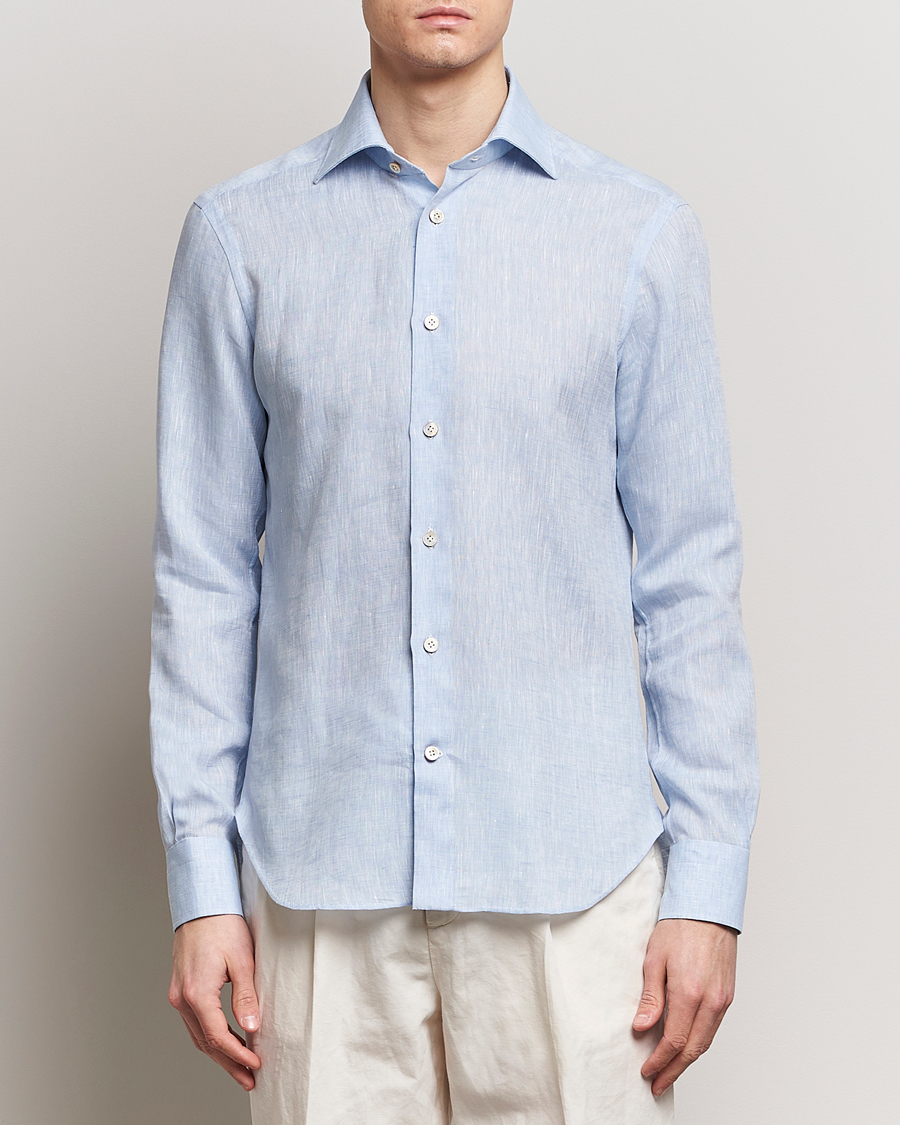 Hombres | Camisas de lino | Kiton | Linen Sport Shirt Light Blue