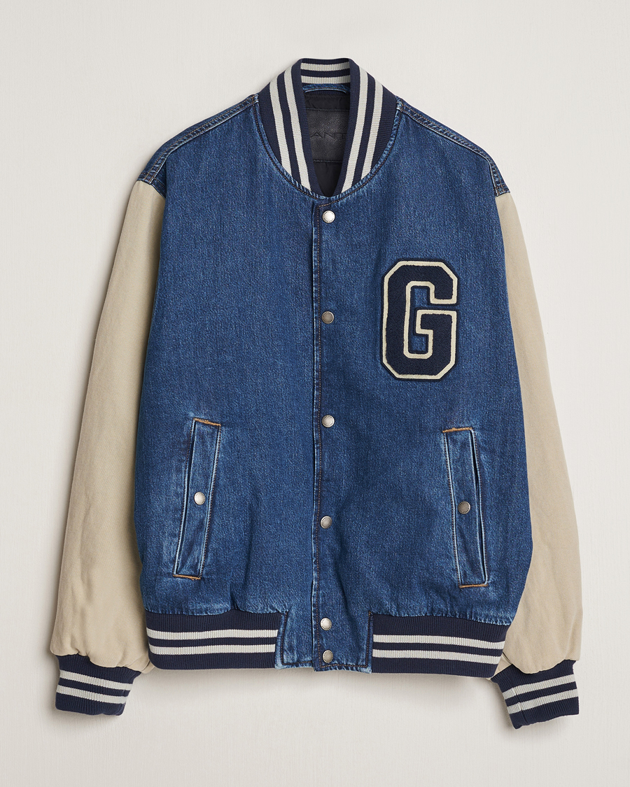 Hombres | Abrigos y chaquetas | GANT | Denim Varsity Jacket Dark Blue Worn In