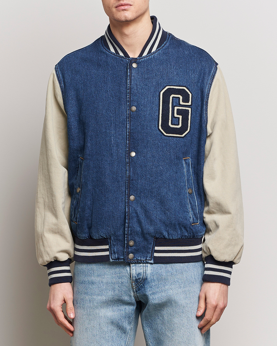 Hombres | Abrigos y chaquetas | GANT | Denim Varsity Jacket Dark Blue Worn In