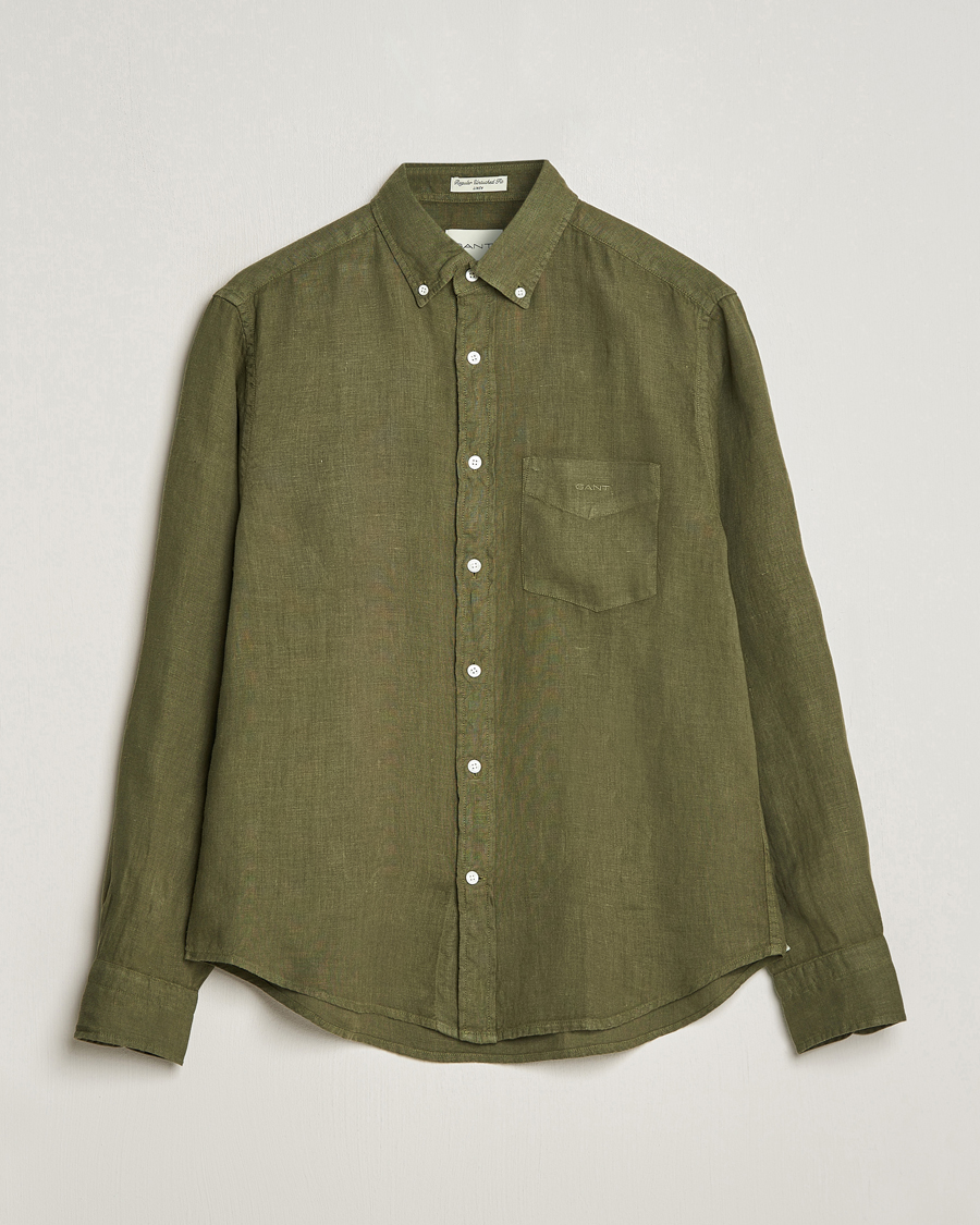 Hombres | Camisas | GANT | Regular Fit Garment Dyed Linen Shirt Juniper Green