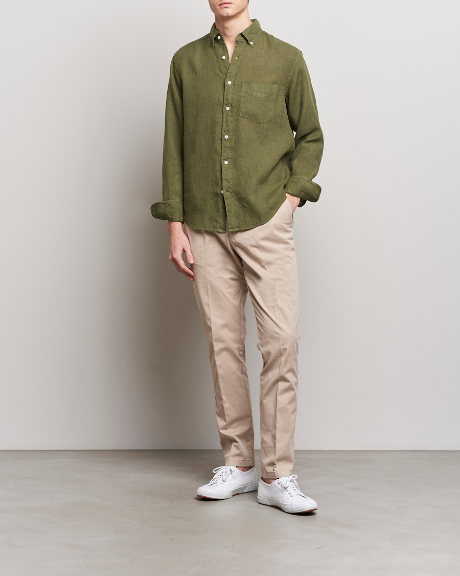 Hombres | Camisas | GANT | Regular Fit Garment Dyed Linen Shirt Juniper Green