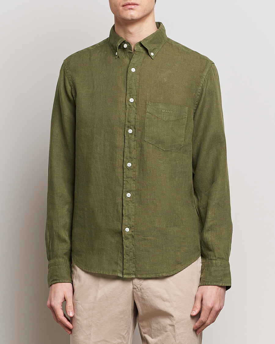 Hombres | Camisas de lino | GANT | Regular Fit Garment Dyed Linen Shirt Juniper Green