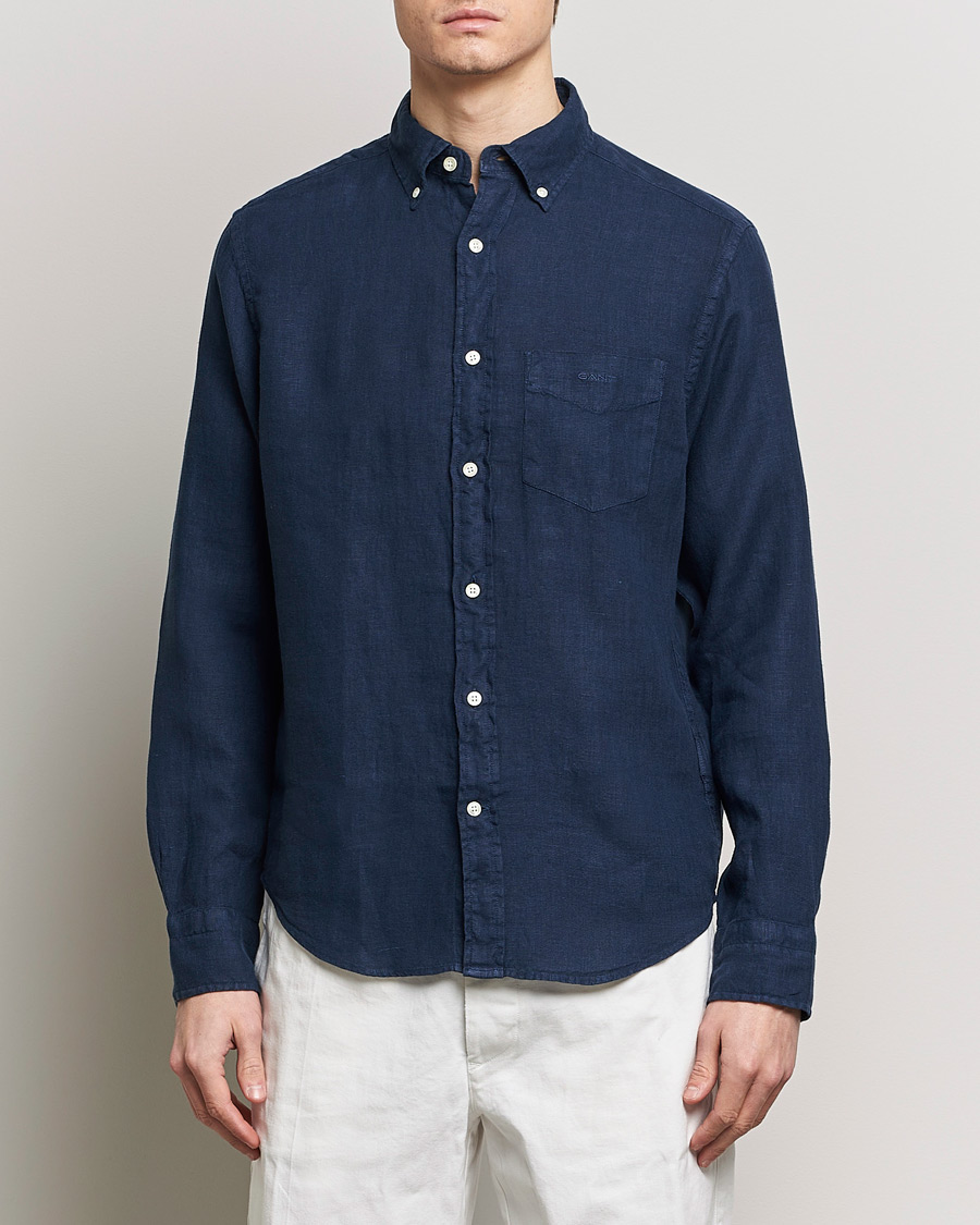 Hombres | Camisas de lino | GANT | Regular Fit Garment Dyed Linen Shirt Marine
